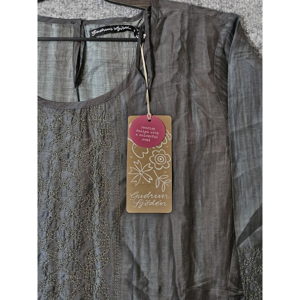Gudrun Sjoden Melody Dress Organic Cotton/Silk Midi Medium Dark Teal Embroidered - Picture 4 of 6